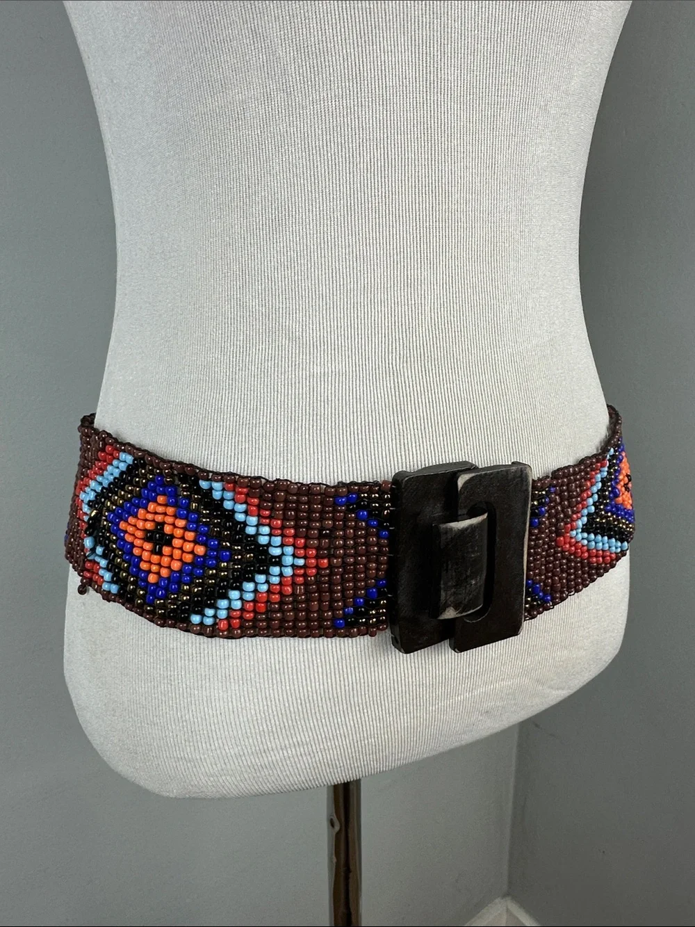 Boho Hippie Aztec Beaded Stretchy Belt With Wooden Buckle